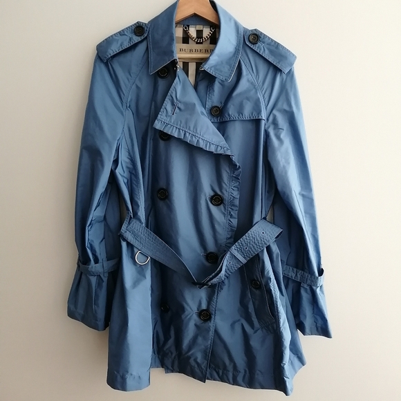 Burberry Double Breasted Blue Nylon Trench Coat Ruffle Trim Waist Belt US 12 - Picture 9 of 17